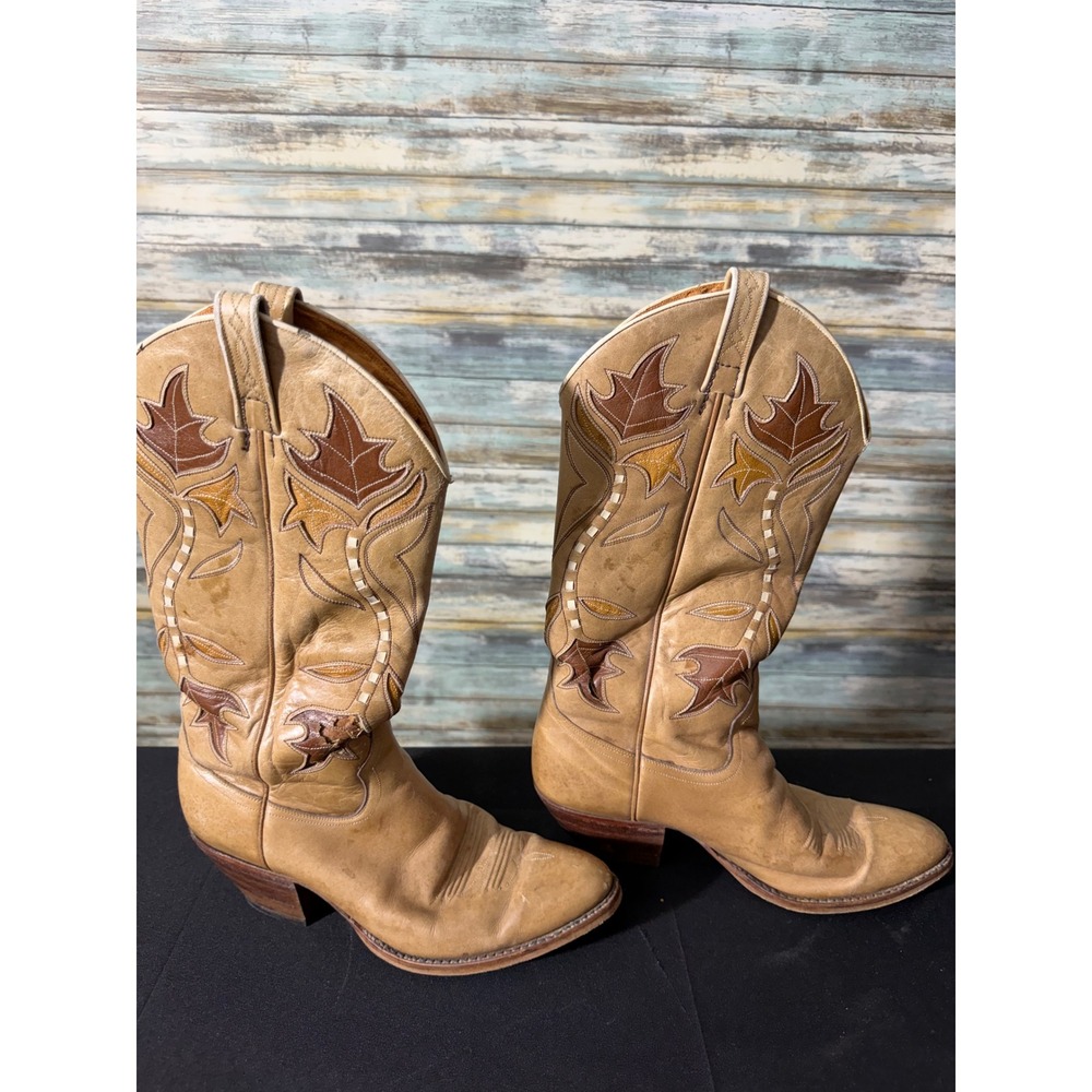Dan Post Cowboy Boots 8.5 C Tan Leather Leaf Inlay 4105 Good Spain Mens Womens